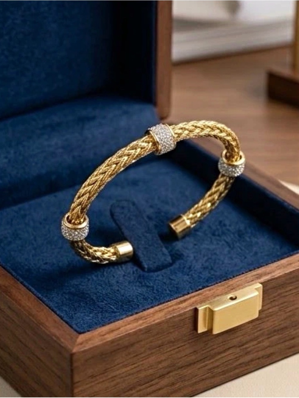 Gold Braided Cable Cuff Bracelet with Pavé Accents